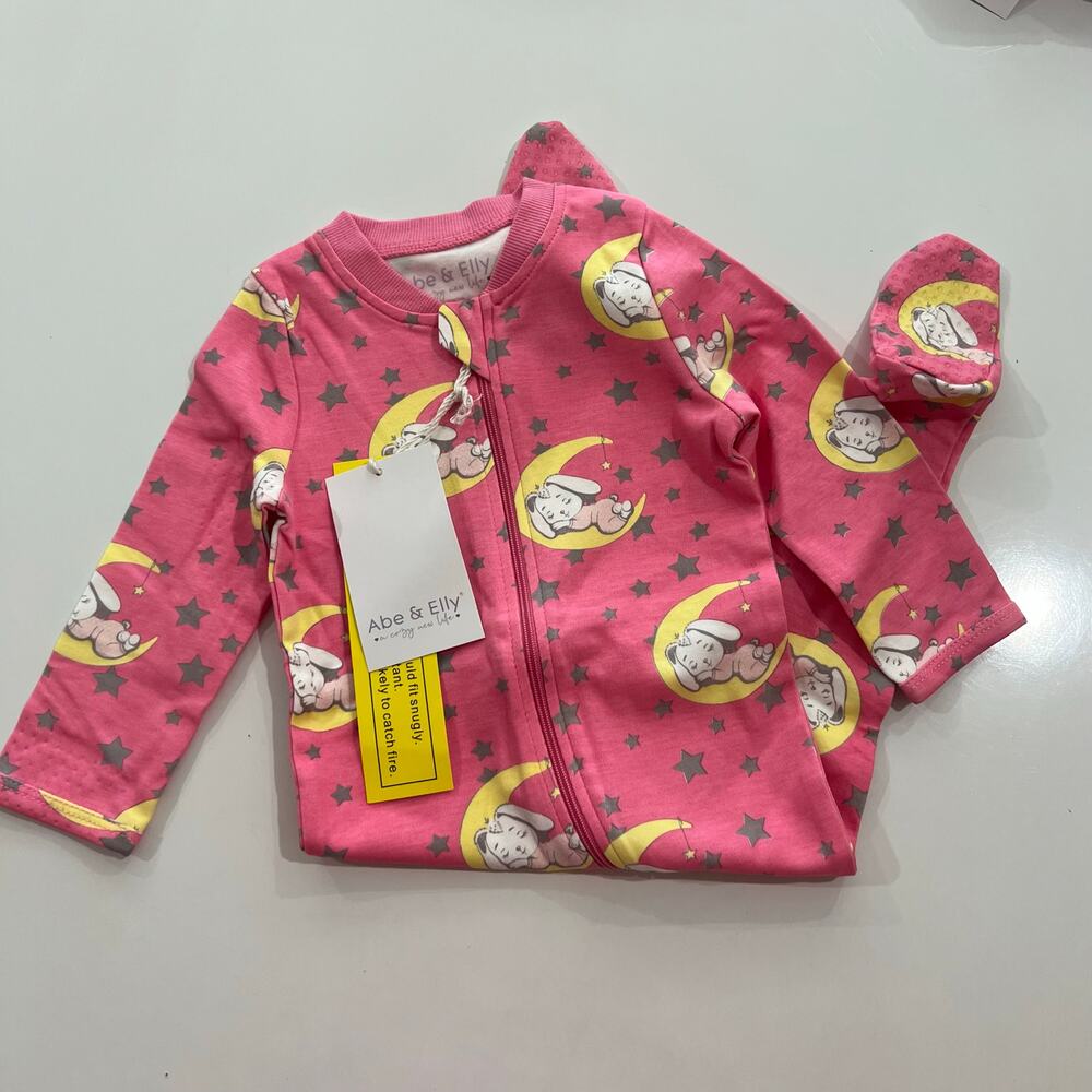 Abe & Elly Organic Cotton Baby Onesie 6-12 Month Pink Dog Star Footie Pajamas